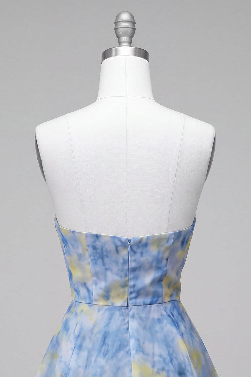 Laden Sie das Bild in den Galerie-Viewer, Graublaues Trägerloses A-Linie Kurzes Abendkleid mit 3D-Blumen