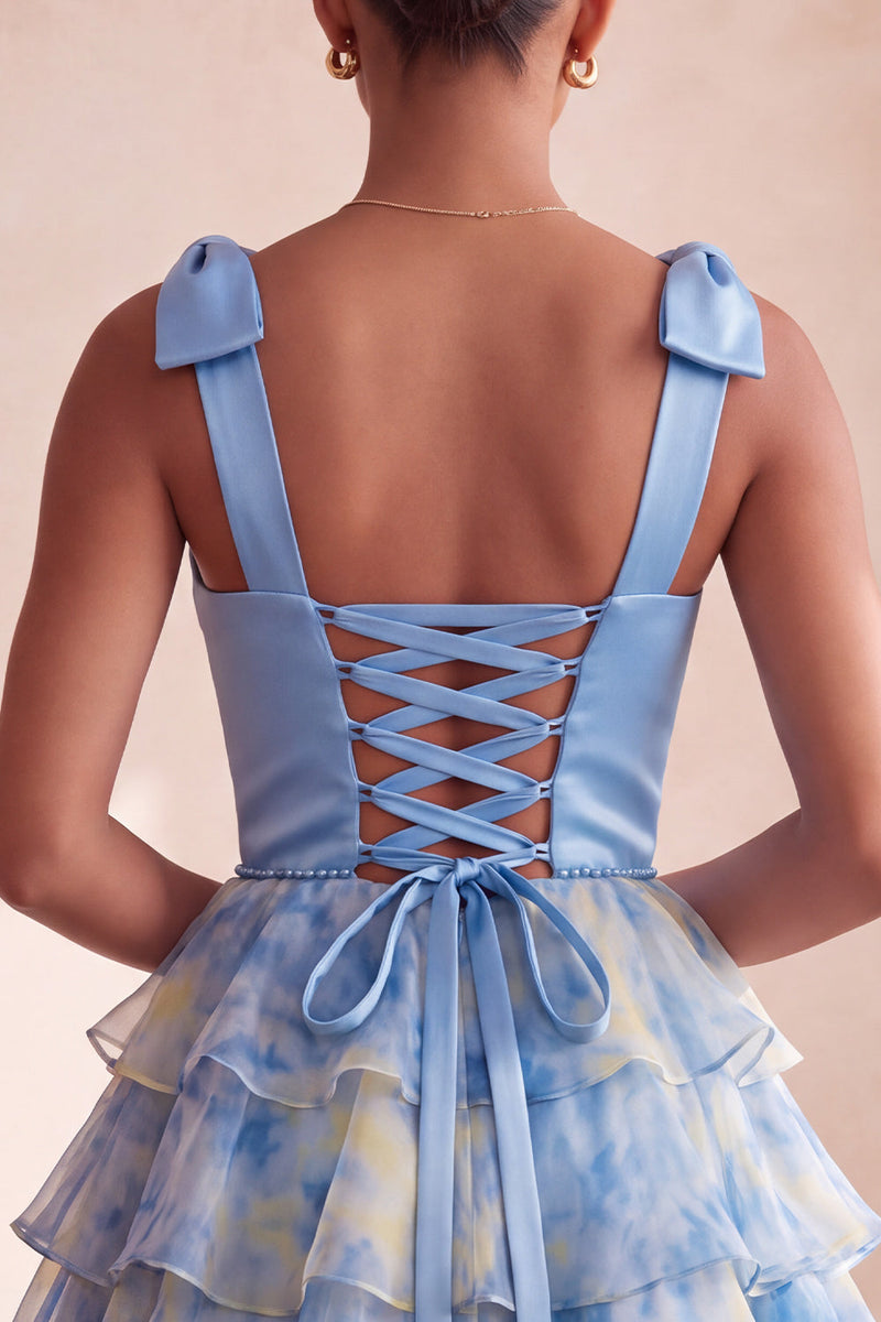 Laden Sie das Bild in den Galerie-Viewer, Graublaues V-Ausschnitt Perlen Gestuftes Kurzes Abendkleid mit Schleifenriemen