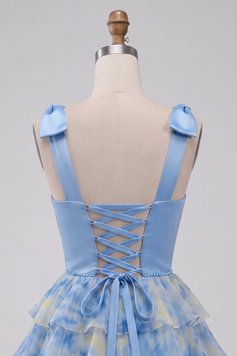 Laden Sie das Bild in den Galerie-Viewer, Graublaues V-Ausschnitt Perlen Gestuftes Kurzes Abendkleid mit Schleifenriemen