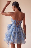 Laden Sie das Bild in den Galerie-Viewer, Graublaues Trägerloses A-Linie Kurzes Abendkleid mit Schleife
