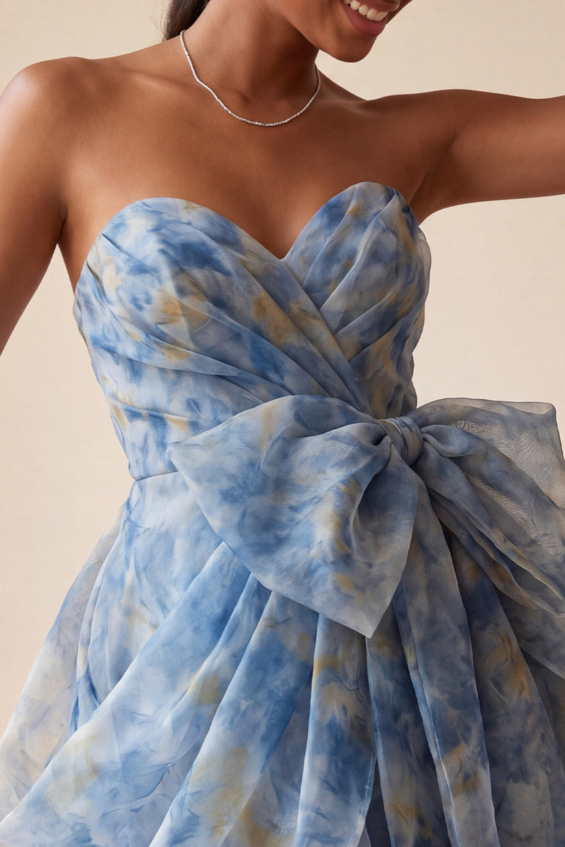 Laden Sie das Bild in den Galerie-Viewer, Graublaues Trägerloses A-Linie Kurzes Abendkleid mit Schleife