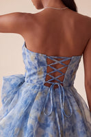 Laden Sie das Bild in den Galerie-Viewer, Graublaues Trägerloses A-Linie Kurzes Abendkleid mit Schleife