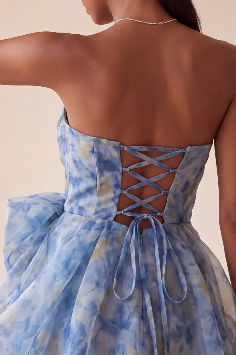 Laden Sie das Bild in den Galerie-Viewer, Graublaues Trägerloses A-Linie Kurzes Abendkleid mit Schleife