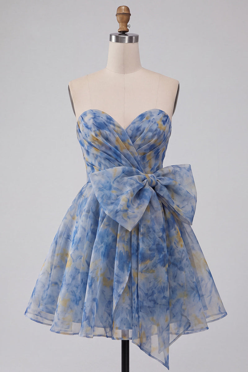 Laden Sie das Bild in den Galerie-Viewer, Graublaues Trägerloses A-Linie Kurzes Abendkleid mit Schleife