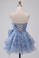 Laden Sie das Bild in den Galerie-Viewer, Graublaues Trägerloses A-Linie Kurzes Abendkleid mit Schleife