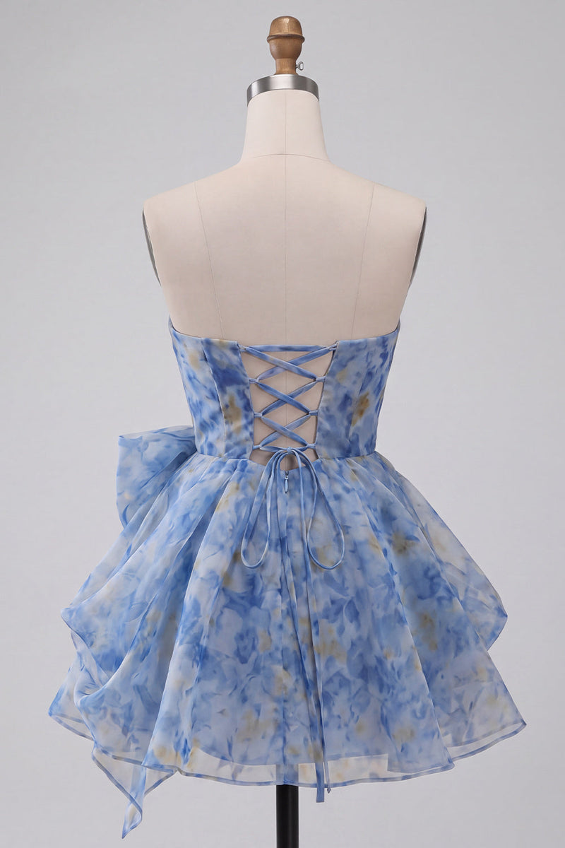 Laden Sie das Bild in den Galerie-Viewer, Graublaues Trägerloses A-Linie Kurzes Abendkleid mit Schleife