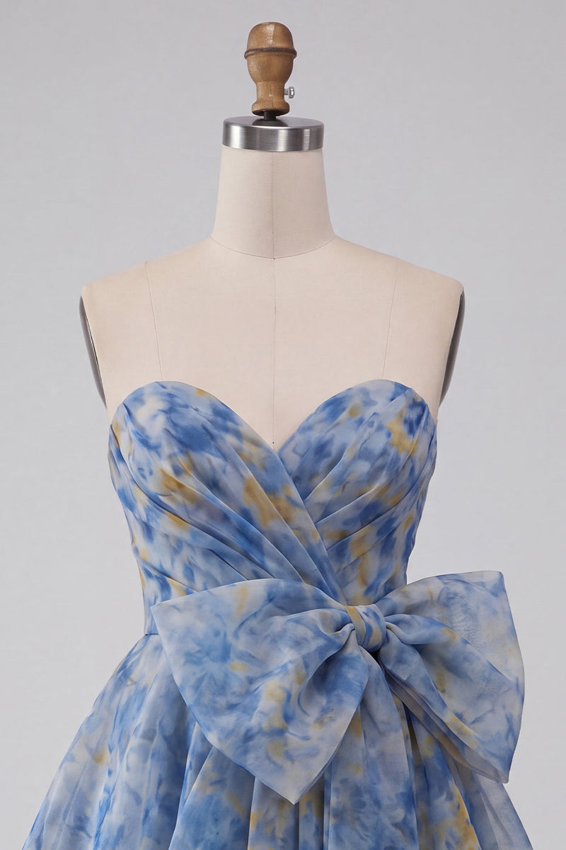 Laden Sie das Bild in den Galerie-Viewer, Graublaues Trägerloses A-Linie Kurzes Abendkleid mit Schleife