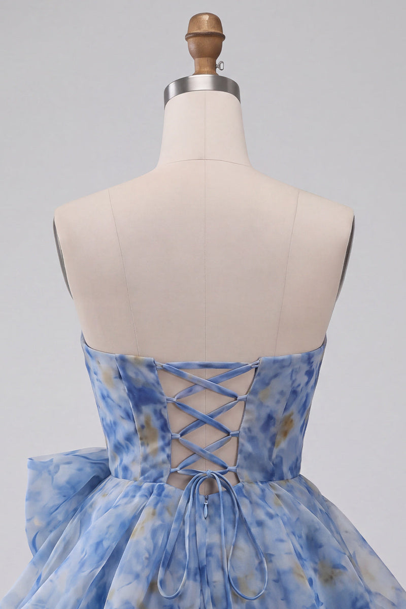 Laden Sie das Bild in den Galerie-Viewer, Graublaues Trägerloses A-Linie Kurzes Abendkleid mit Schleife