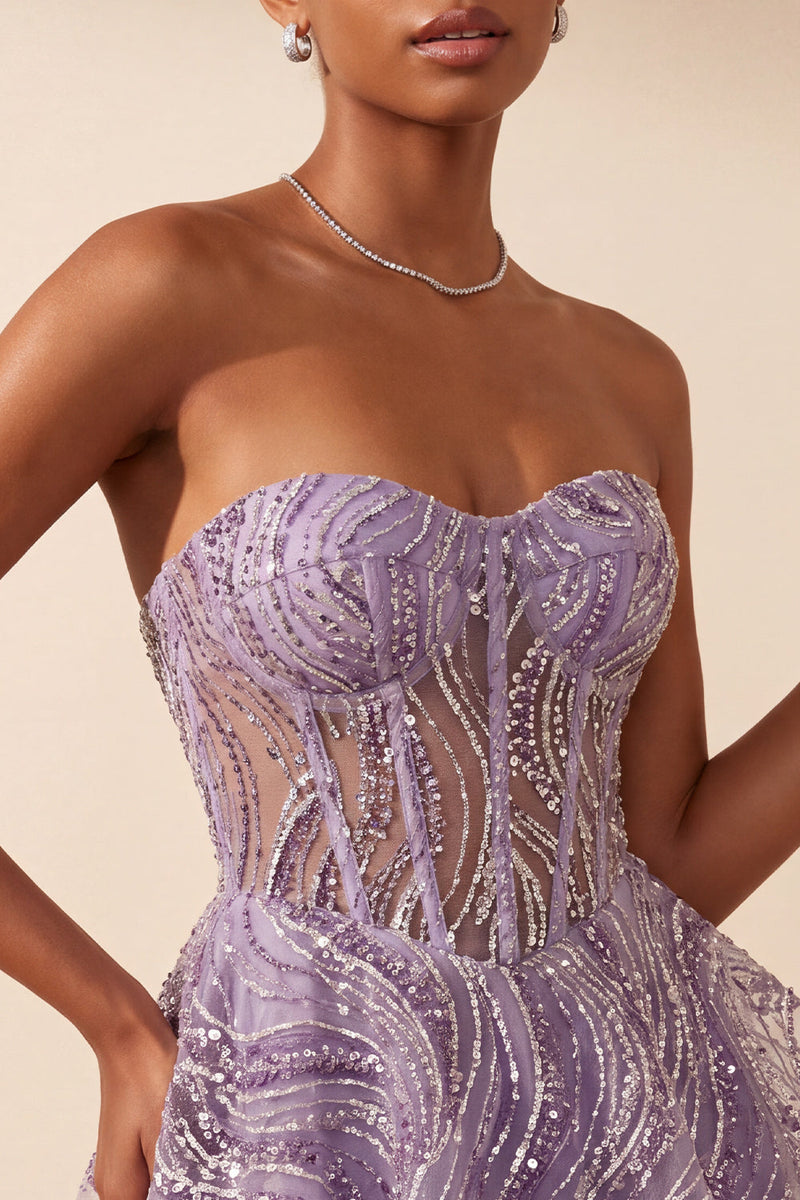 Laden Sie das Bild in den Galerie-Viewer, Flieder A-Linie Transparentes Korsett Trägerloses Kurzes Abendkleid mit Pailletten
