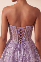 Laden Sie das Bild in den Galerie-Viewer, Flieder A-Linie Transparentes Korsett Trägerloses Kurzes Abendkleid mit Pailletten