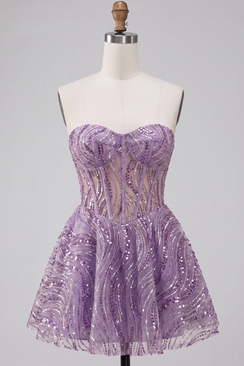Laden Sie das Bild in den Galerie-Viewer, Flieder A-Linie Transparentes Korsett Trägerloses Kurzes Abendkleid mit Pailletten