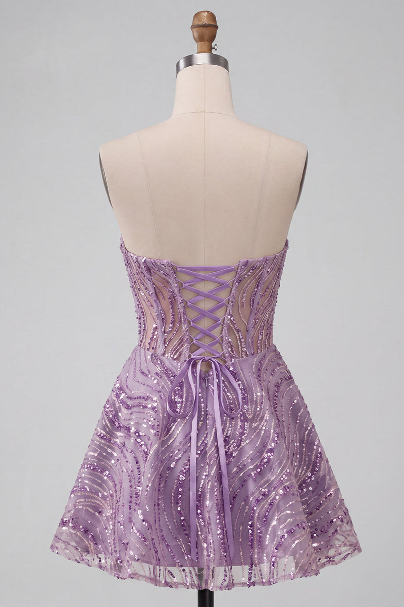 Laden Sie das Bild in den Galerie-Viewer, Flieder A-Linie Transparentes Korsett Trägerloses Kurzes Abendkleid mit Pailletten