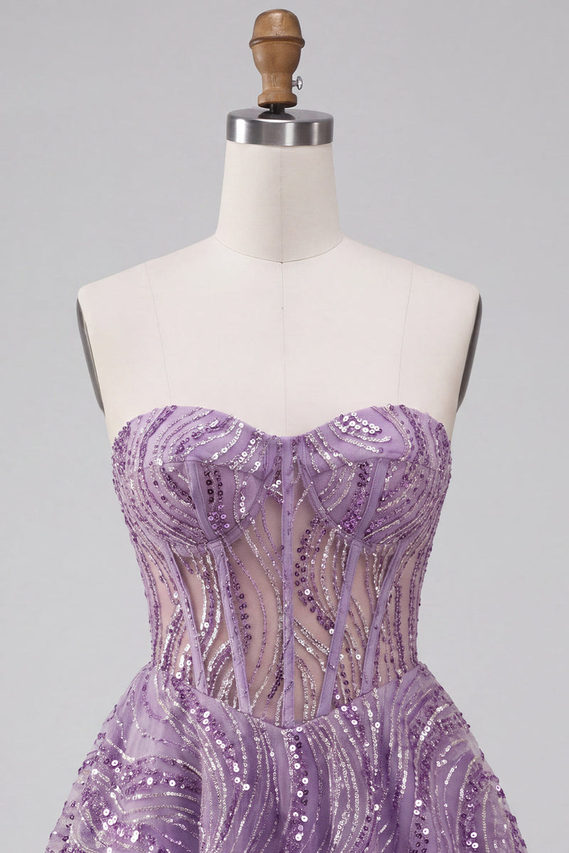 Laden Sie das Bild in den Galerie-Viewer, Flieder A-Linie Transparentes Korsett Trägerloses Kurzes Abendkleid mit Pailletten