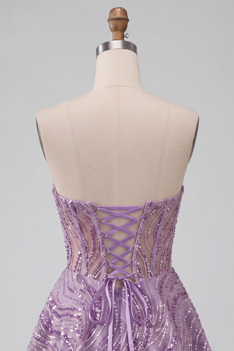 Laden Sie das Bild in den Galerie-Viewer, Flieder A-Linie Transparentes Korsett Trägerloses Kurzes Abendkleid mit Pailletten