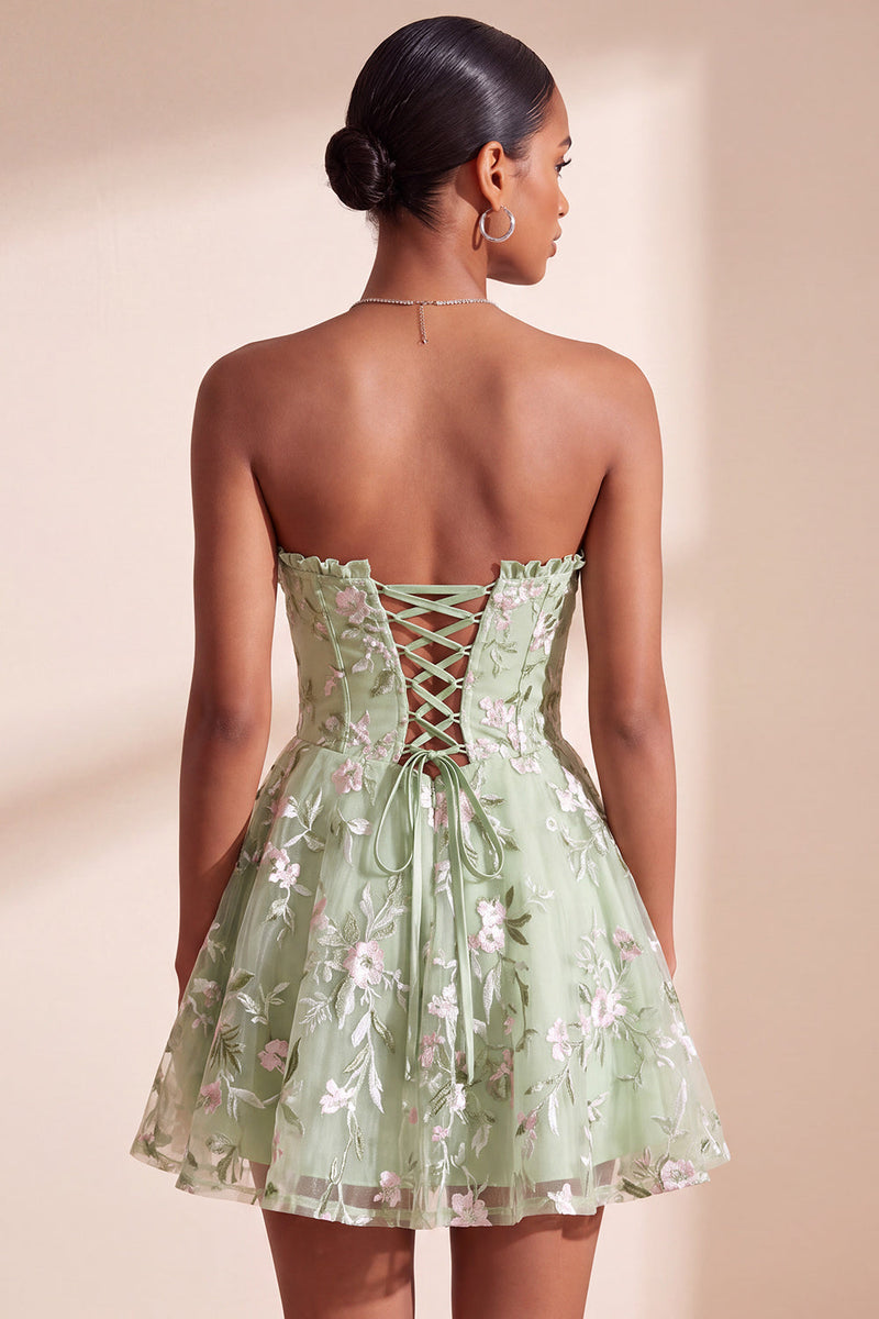 Laden Sie das Bild in den Galerie-Viewer, Salbeigrünes A-Linie Blumenstickerei Trägerloses Korsett Kurzes Abendkleid