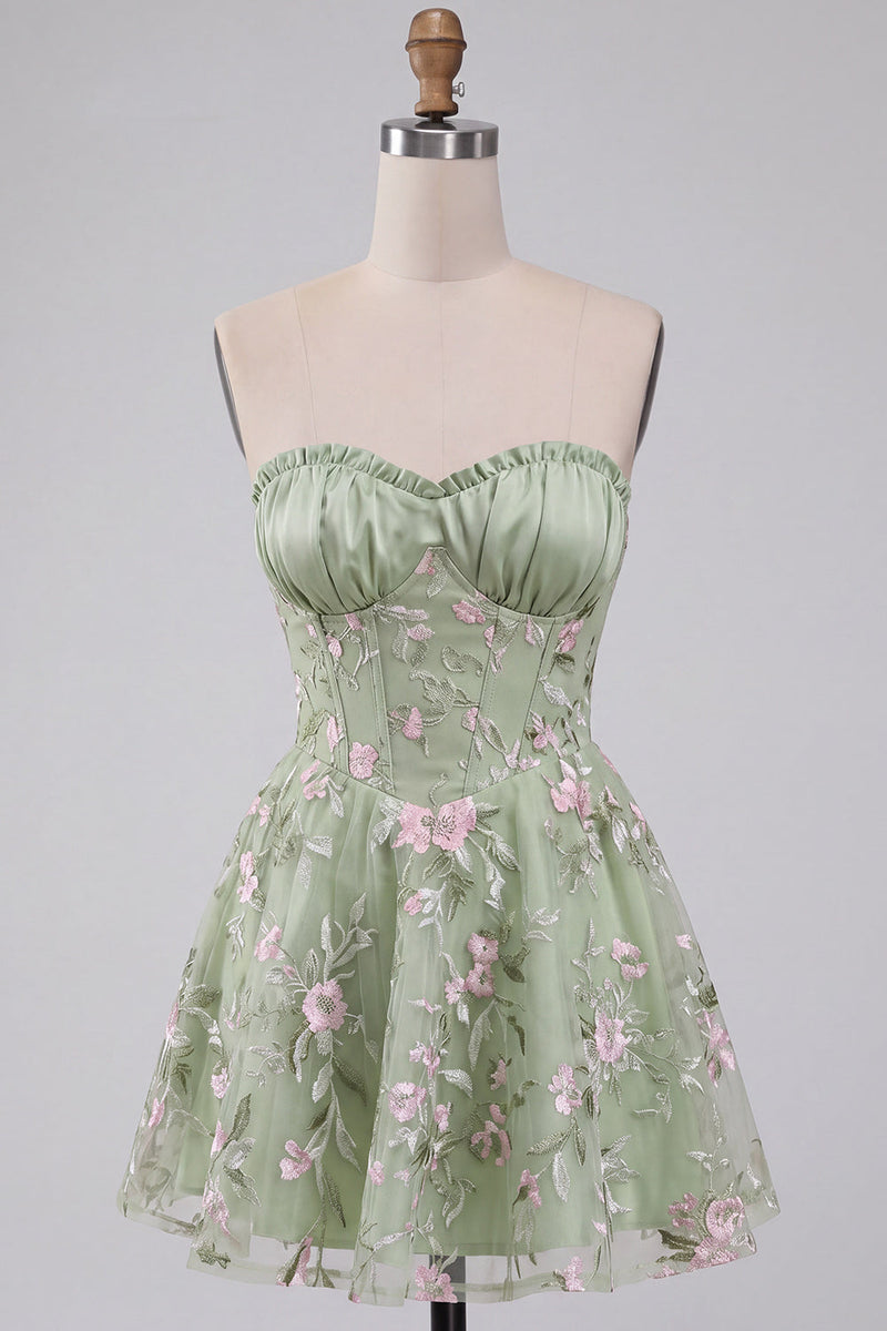 Laden Sie das Bild in den Galerie-Viewer, Salbeigrünes A-Linie Blumenstickerei Trägerloses Korsett Kurzes Abendkleid