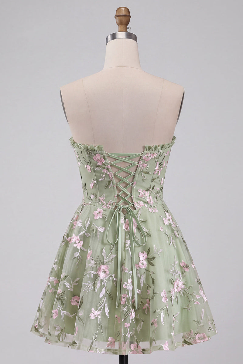Laden Sie das Bild in den Galerie-Viewer, Salbeigrünes A-Linie Blumenstickerei Trägerloses Korsett Kurzes Abendkleid
