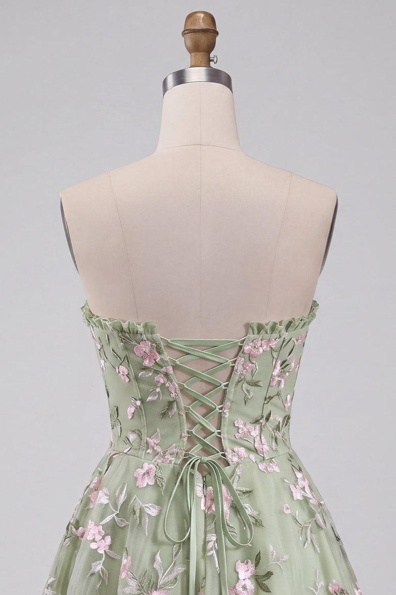 Laden Sie das Bild in den Galerie-Viewer, Salbeigrünes A-Linie Blumenstickerei Trägerloses Korsett Kurzes Abendkleid