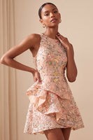 Laden Sie das Bild in den Galerie-Viewer, A-Linie Rundhals Besticktes Blumiges Kurzes Abendkleid mit Rüschen