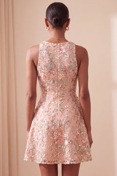 A-Linie Rundhals Besticktes Blumiges Kurzes Abendkleid mit Rüschen