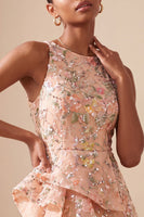 Laden Sie das Bild in den Galerie-Viewer, A-Linie Rundhals Besticktes Blumiges Kurzes Abendkleid mit Rüschen