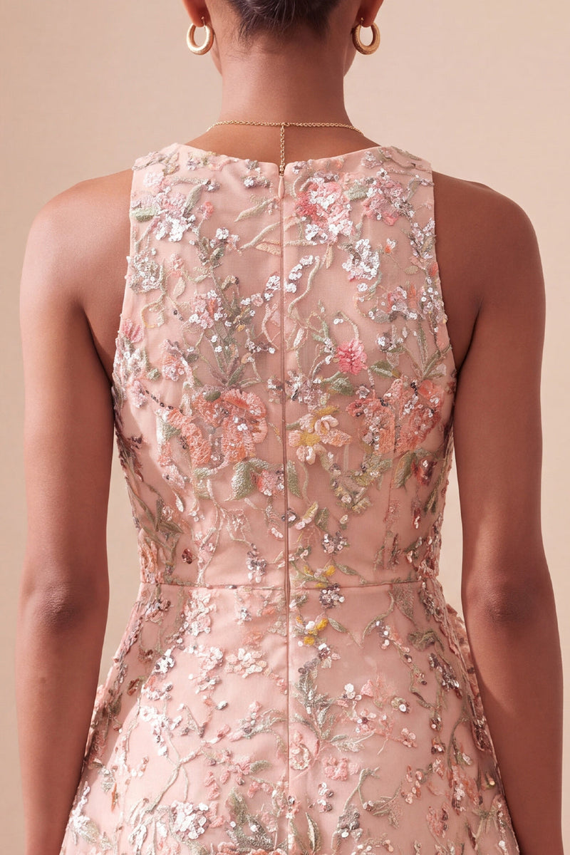 Laden Sie das Bild in den Galerie-Viewer, A-Linie Rundhals Besticktes Blumiges Kurzes Abendkleid mit Rüschen