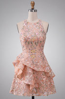 Laden Sie das Bild in den Galerie-Viewer, A-Linie Rundhals Besticktes Blumiges Kurzes Abendkleid mit Rüschen