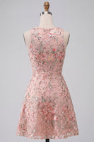 Laden Sie das Bild in den Galerie-Viewer, A-Linie Rundhals Besticktes Blumiges Kurzes Abendkleid mit Rüschen
