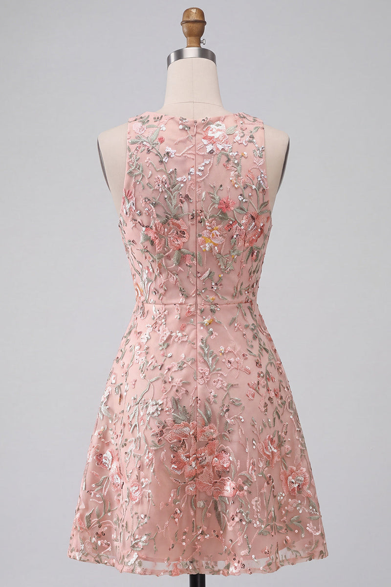 Laden Sie das Bild in den Galerie-Viewer, A-Linie Rundhals Besticktes Blumiges Kurzes Abendkleid mit Rüschen
