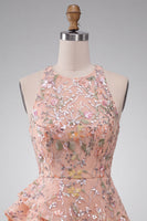 Laden Sie das Bild in den Galerie-Viewer, A-Linie Rundhals Besticktes Blumiges Kurzes Abendkleid mit Rüschen