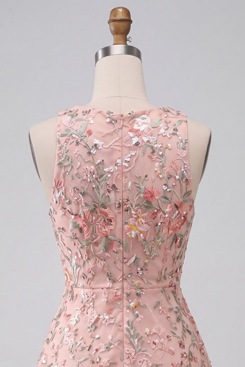 Laden Sie das Bild in den Galerie-Viewer, A-Linie Rundhals Besticktes Blumiges Kurzes Abendkleid mit Rüschen