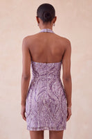 Laden Sie das Bild in den Galerie-Viewer, Glitzerndes Flieder Pailletten Neckholder Rückenloses Kurzes Abendkleid