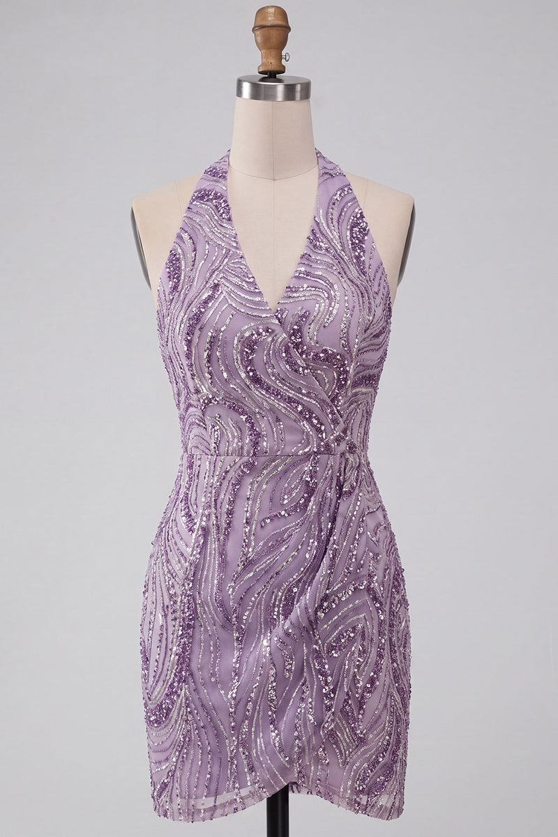 Laden Sie das Bild in den Galerie-Viewer, Glitzerndes Flieder Pailletten Neckholder Rückenloses Kurzes Abendkleid