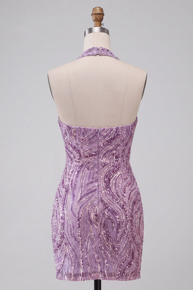 Laden Sie das Bild in den Galerie-Viewer, Glitzerndes Flieder Pailletten Neckholder Rückenloses Kurzes Abendkleid