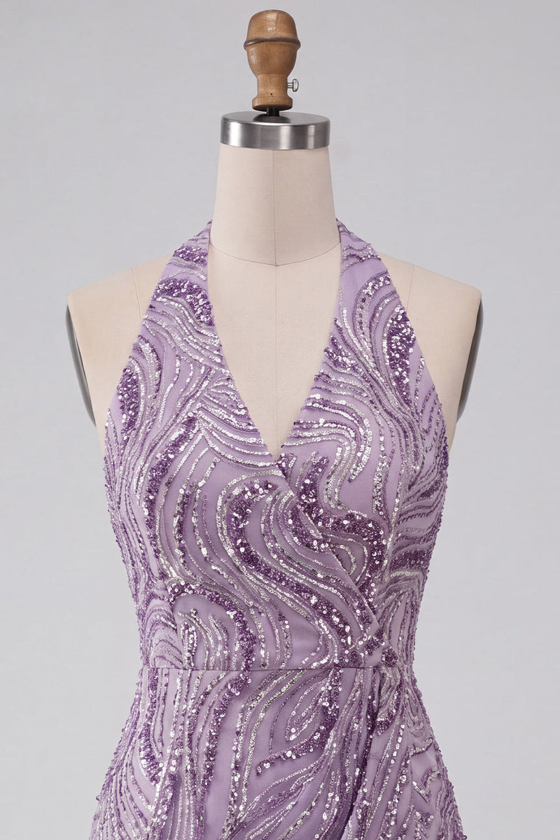 Laden Sie das Bild in den Galerie-Viewer, Glitzerndes Flieder Pailletten Neckholder Rückenloses Kurzes Abendkleid