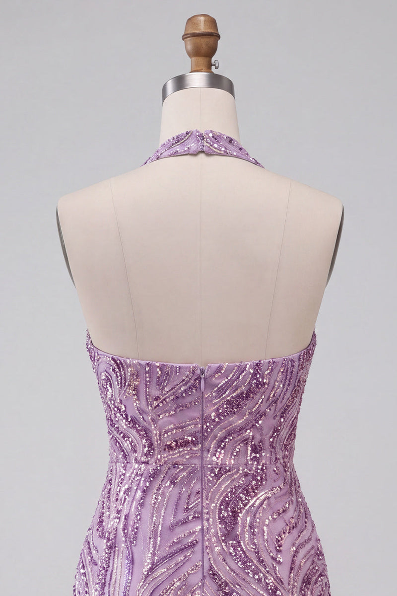 Laden Sie das Bild in den Galerie-Viewer, Glitzerndes Flieder Pailletten Neckholder Rückenloses Kurzes Abendkleid