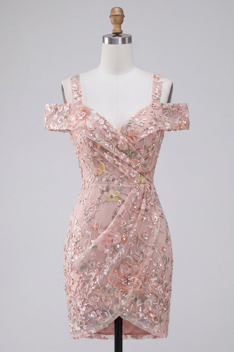 Laden Sie das Bild in den Galerie-Viewer, Blush Bodycon Kalte Schulter Floral Kurzes Abendkleid mit Stickerei