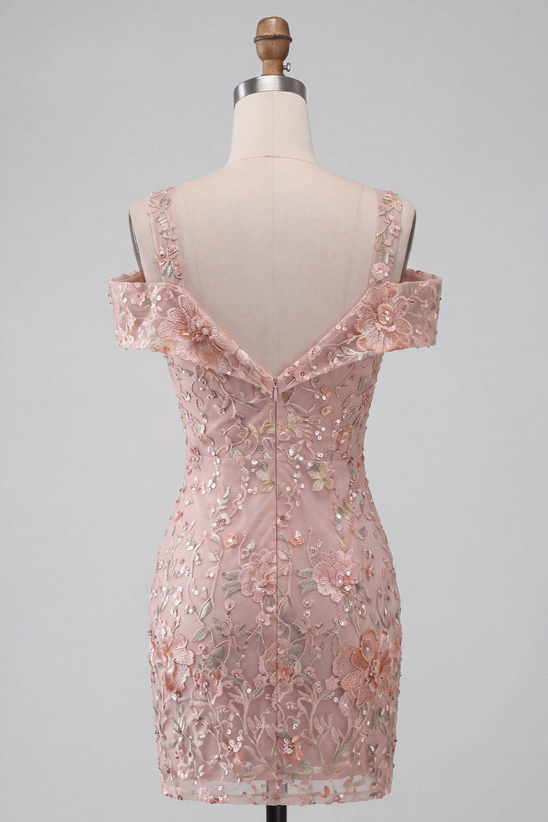 Laden Sie das Bild in den Galerie-Viewer, Blush Bodycon Kalte Schulter Floral Kurzes Abendkleid mit Stickerei