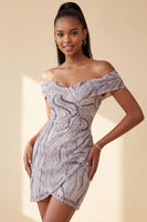 Laden Sie das Bild in den Galerie-Viewer, Glam Lila Bodycon Off-the-Shoulder Pailletten Kurzes Abendkleid