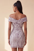 Laden Sie das Bild in den Galerie-Viewer, Glam Lila Bodycon Off-the-Shoulder Pailletten Kurzes Abendkleid