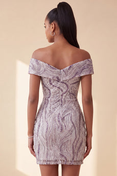 Glam Lila Bodycon Off-the-Shoulder Pailletten Kurzes Abendkleid