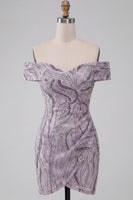 Laden Sie das Bild in den Galerie-Viewer, Glam Lila Bodycon Off-the-Shoulder Pailletten Kurzes Abendkleid