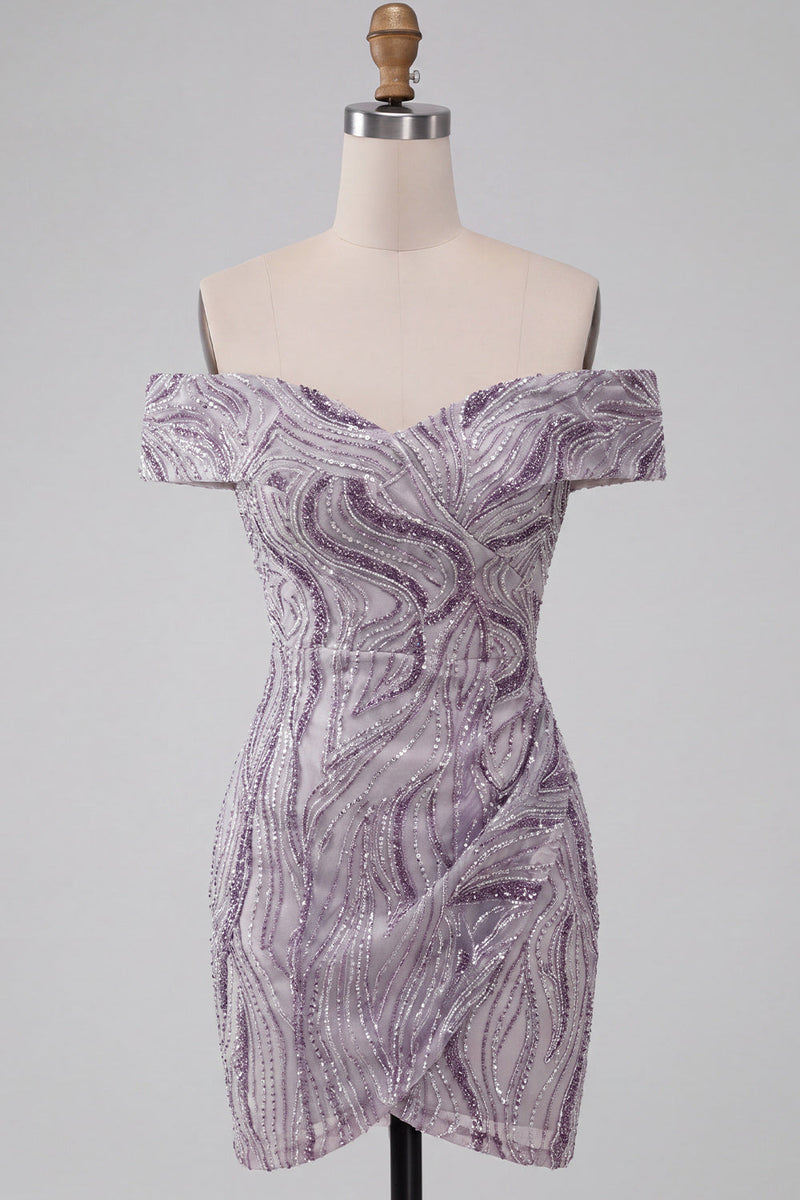 Laden Sie das Bild in den Galerie-Viewer, Glam Lila Bodycon Off-the-Shoulder Pailletten Kurzes Abendkleid