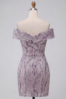 Laden Sie das Bild in den Galerie-Viewer, Glam Lila Bodycon Off-the-Shoulder Pailletten Kurzes Abendkleid