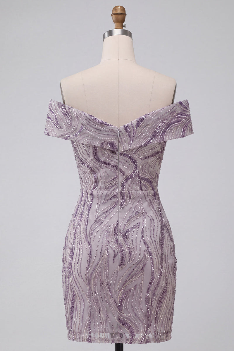 Laden Sie das Bild in den Galerie-Viewer, Glam Lila Bodycon Off-the-Shoulder Pailletten Kurzes Abendkleid