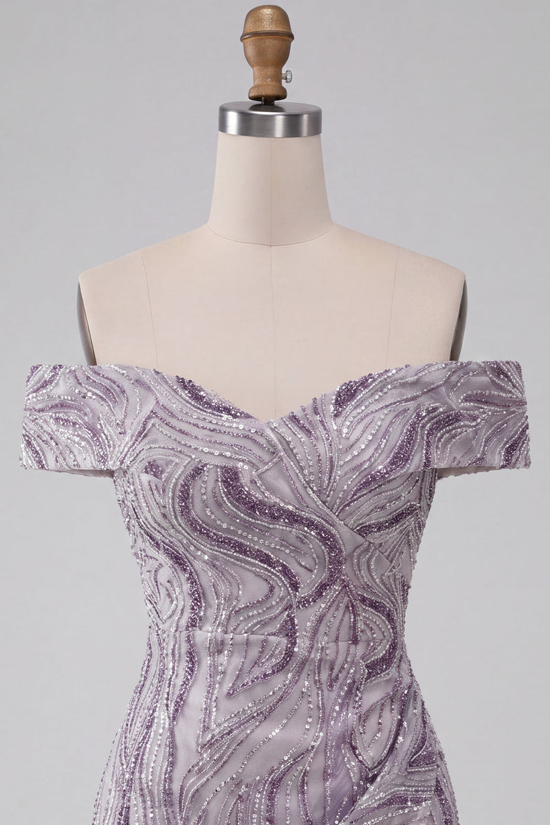 Laden Sie das Bild in den Galerie-Viewer, Glam Lila Bodycon Off-the-Shoulder Pailletten Kurzes Abendkleid