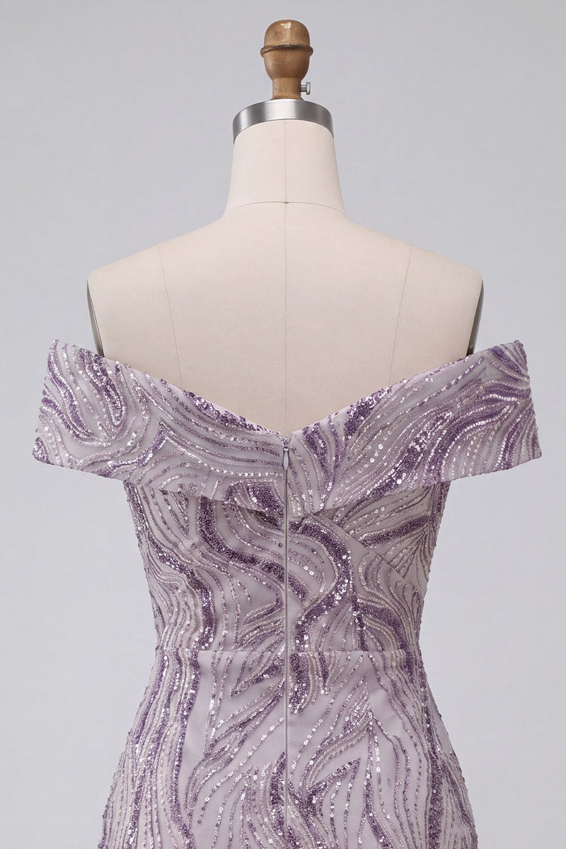 Laden Sie das Bild in den Galerie-Viewer, Glam Lila Bodycon Off-the-Shoulder Pailletten Kurzes Abendkleid