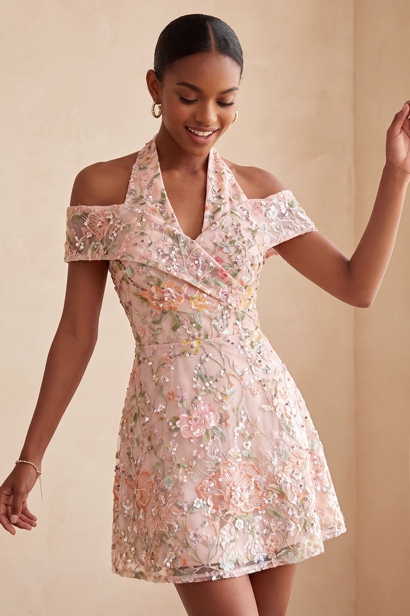 Laden Sie das Bild in den Galerie-Viewer, Blumenbesticktes Pailletten Halter Kurzes Abendkleid