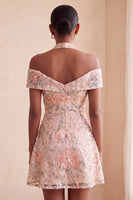 Laden Sie das Bild in den Galerie-Viewer, Blumenbesticktes Pailletten Halter Kurzes Abendkleid
