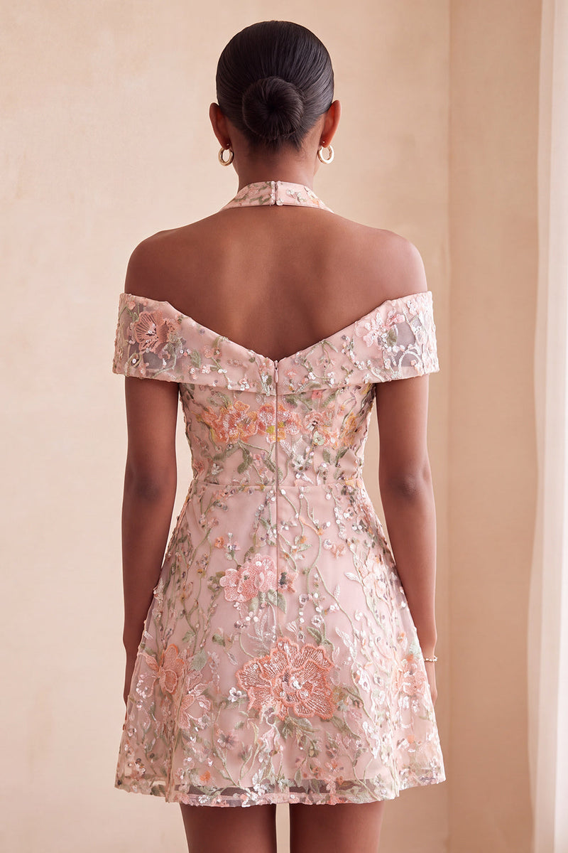 Laden Sie das Bild in den Galerie-Viewer, Blumenbesticktes Pailletten Halter Kurzes Abendkleid